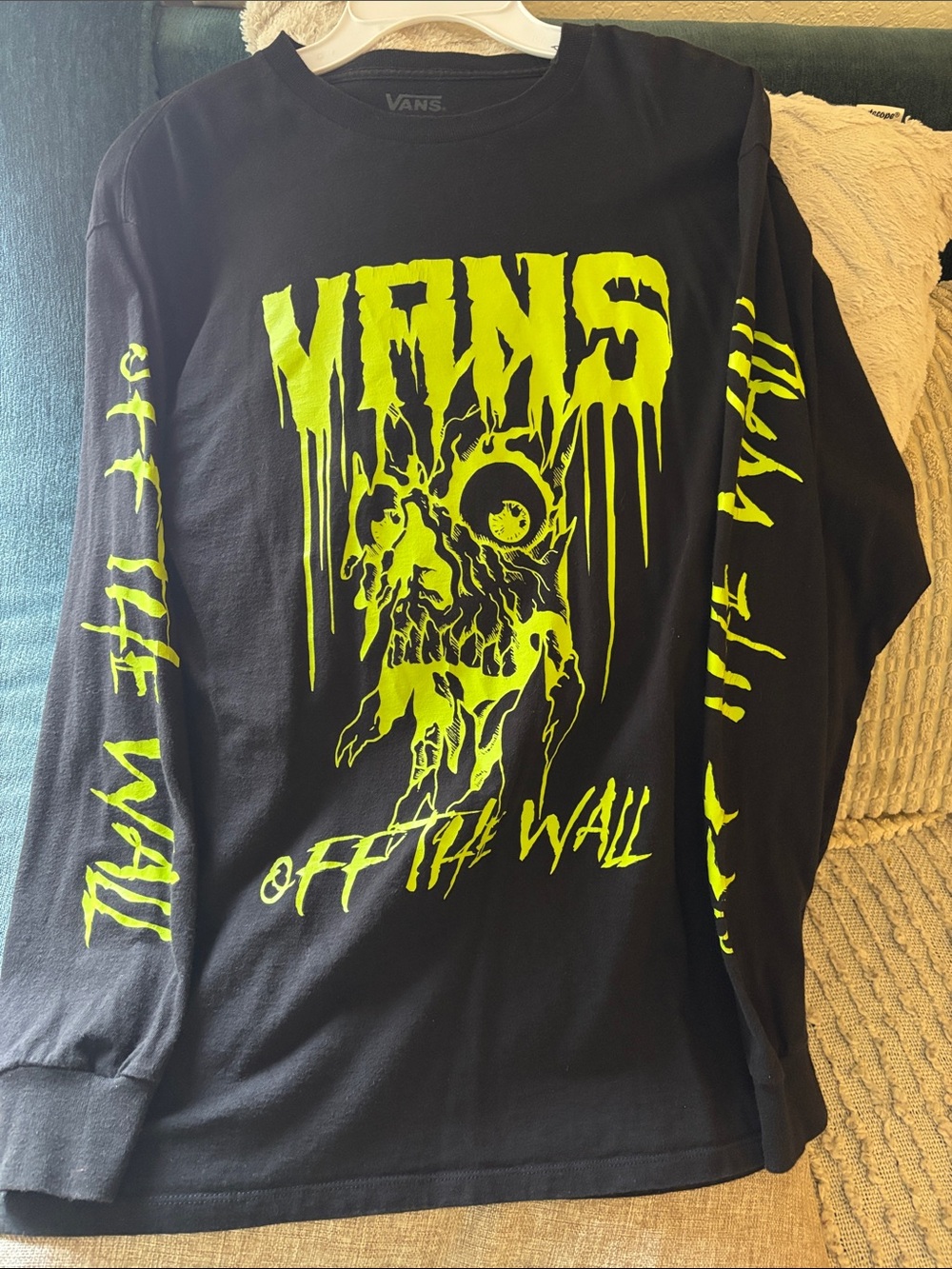 Vans Black Long-Sleeve Tee with Neon Yellow Dripping Skull Graphic